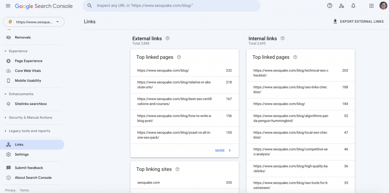 google search console links section screenshot