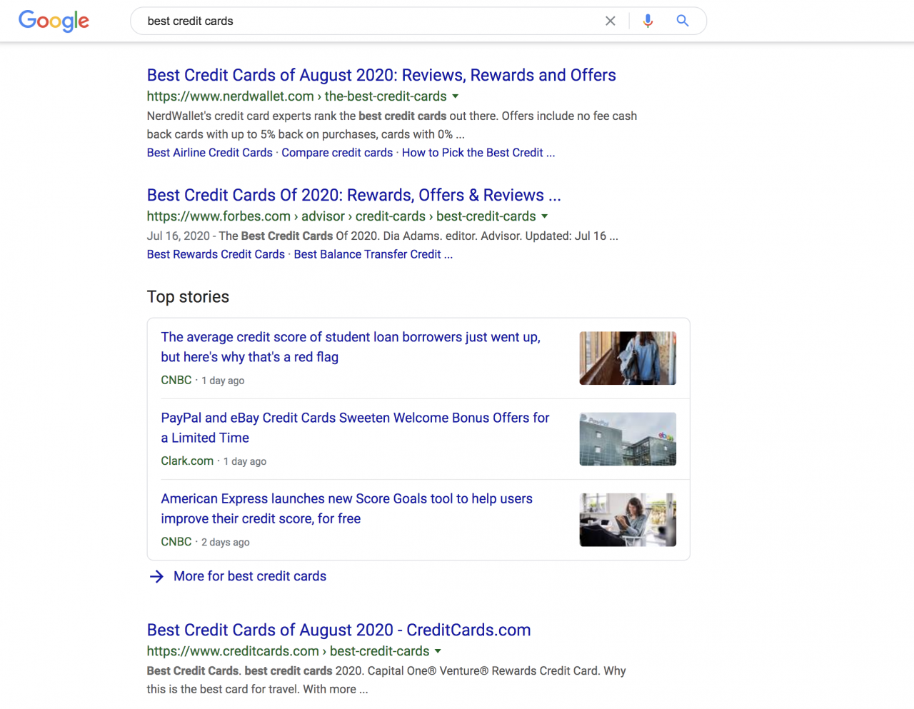 Best Credit Cards SERP result screenshot