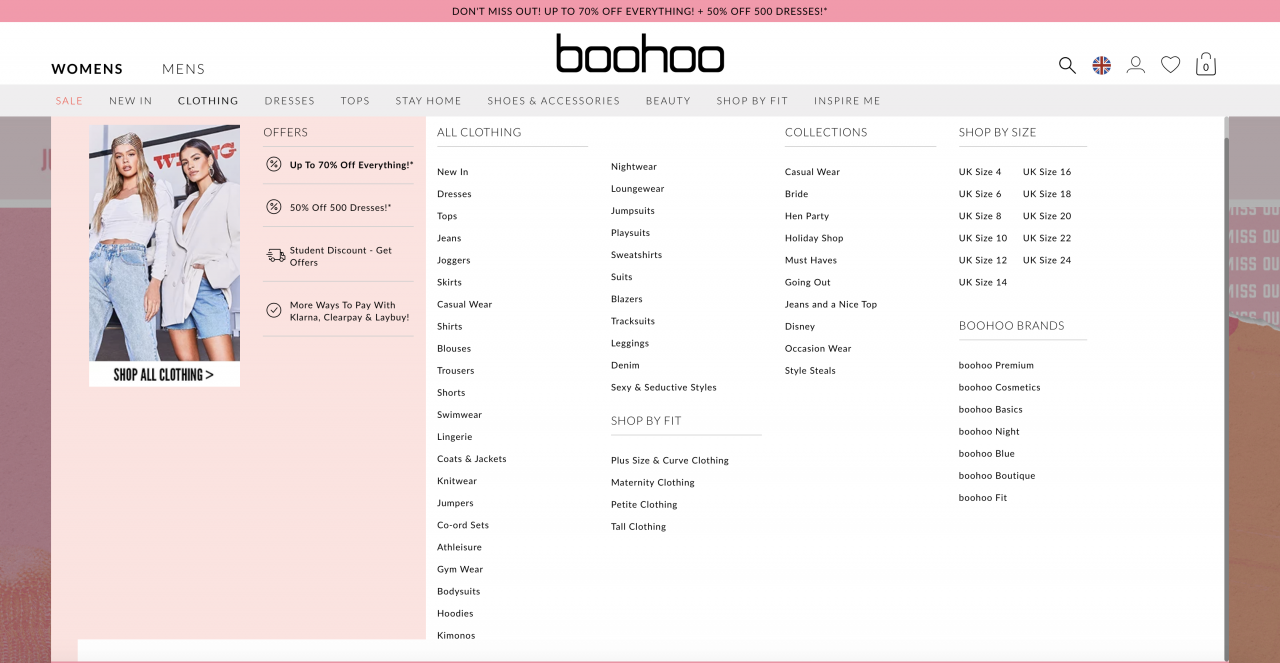 Boohoo's Navigation Menu