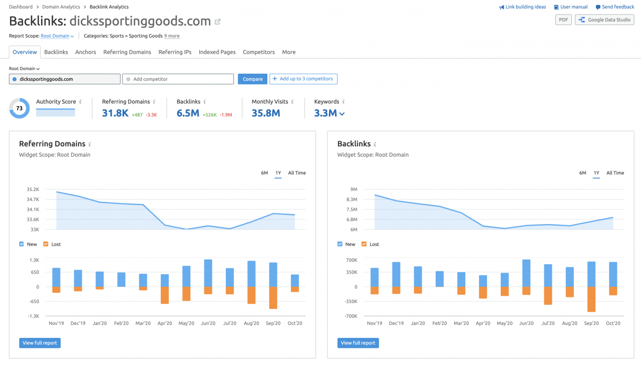 Dick's Sporting Goods backlinks data screenshot