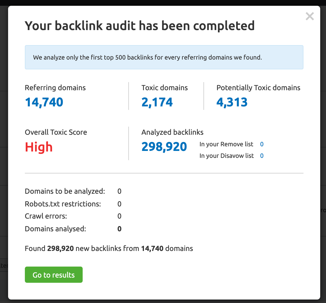 Backlink audit tool screenshot of results