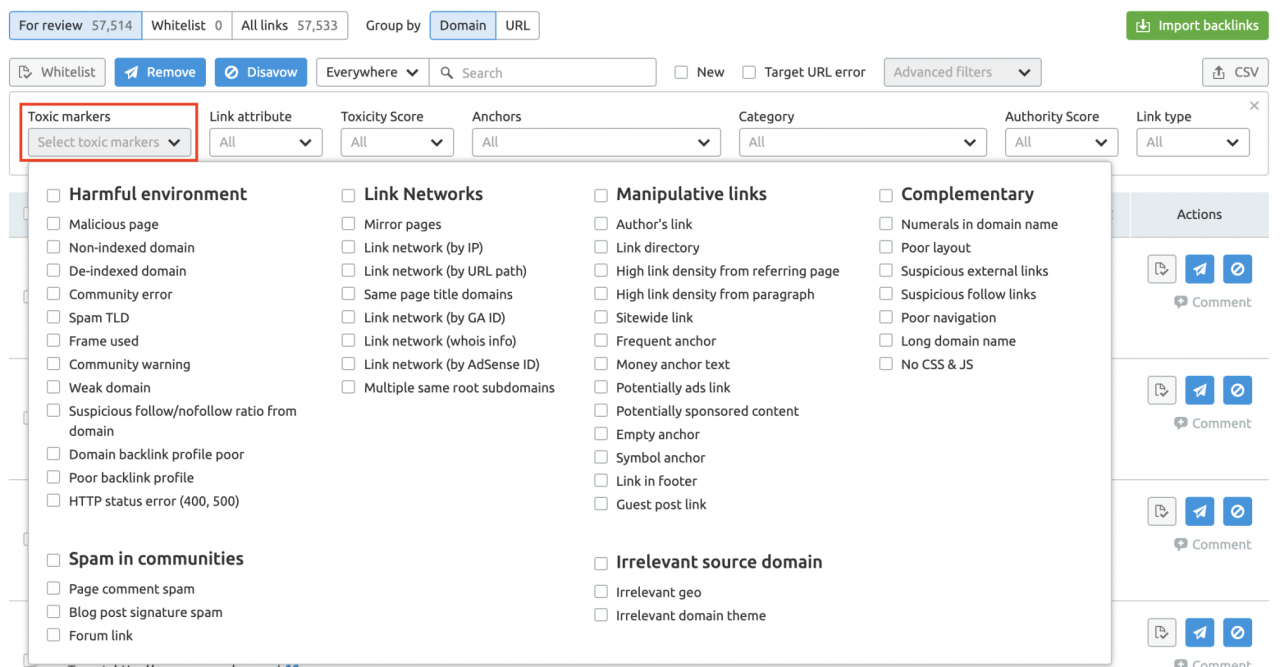 Backlink Audit toxicity markers