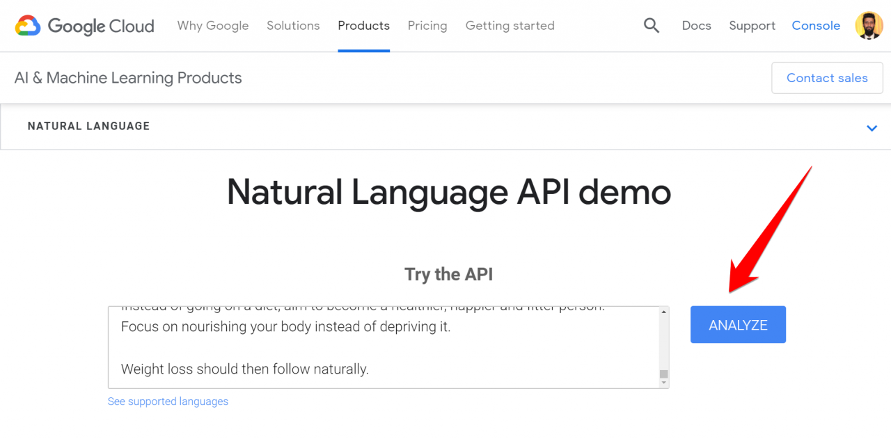 Natural Language API demo analyse