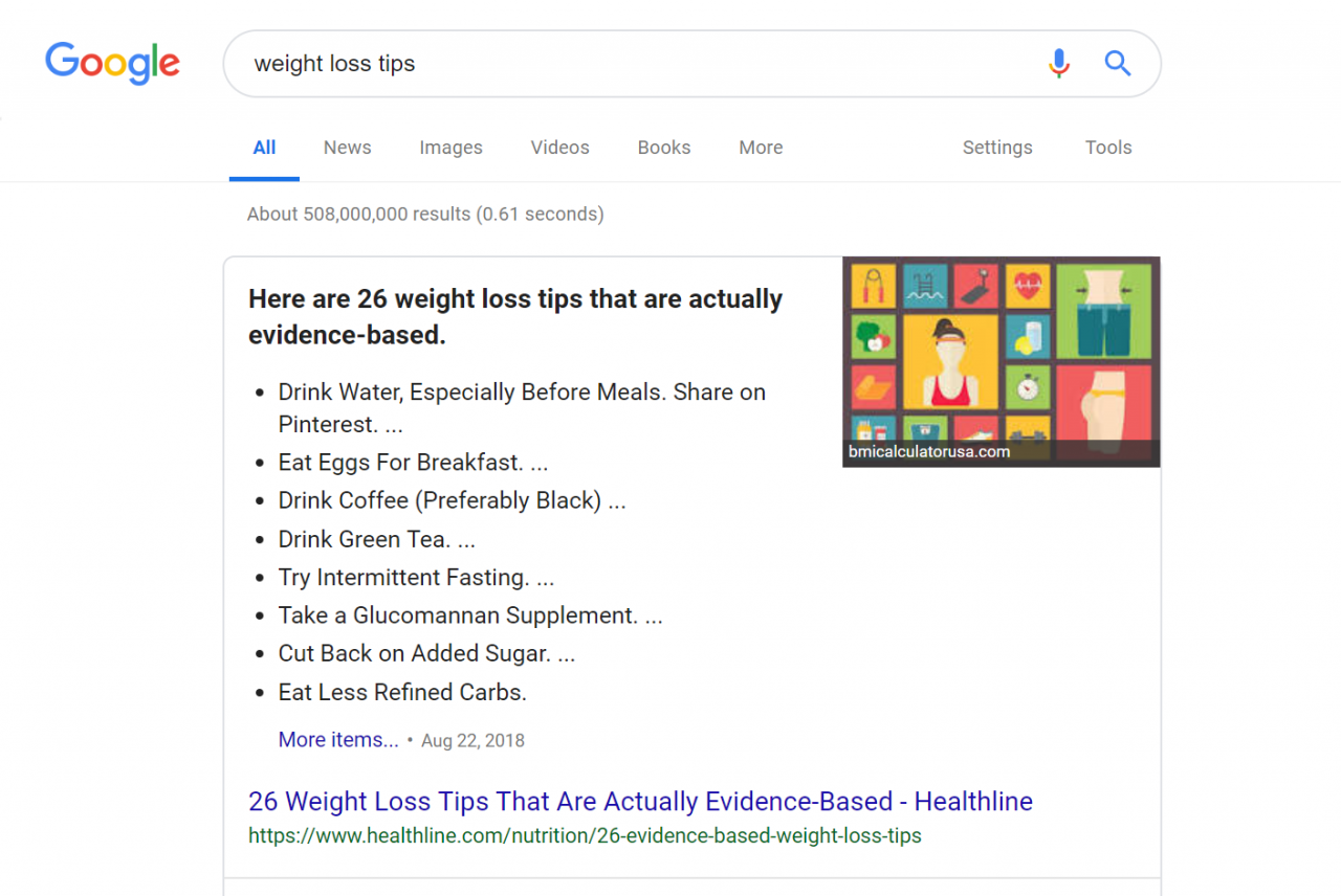 Google Results for Weight Loss Tips Keyword