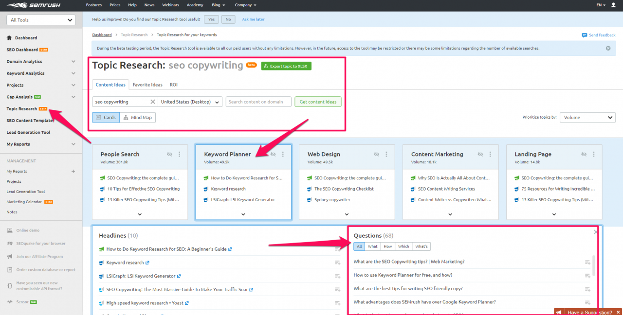 semrush topic research tool