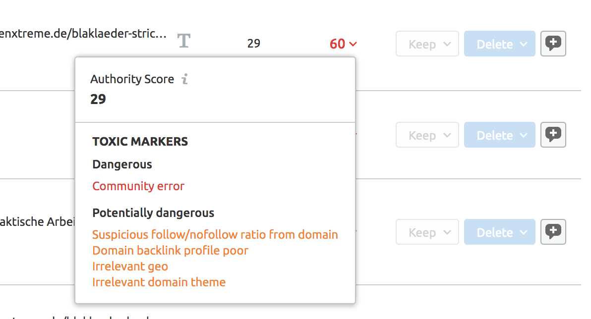 Showing toxic markers for links in the semrush tool