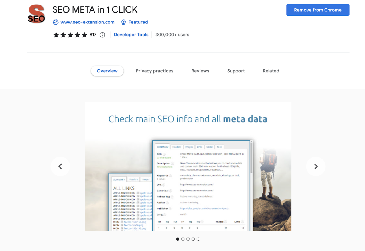 一键点击 SEO Meta 的 Chrome 商店页面
