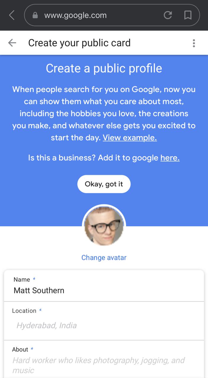 创建 Google 人员卡的第 2 步。