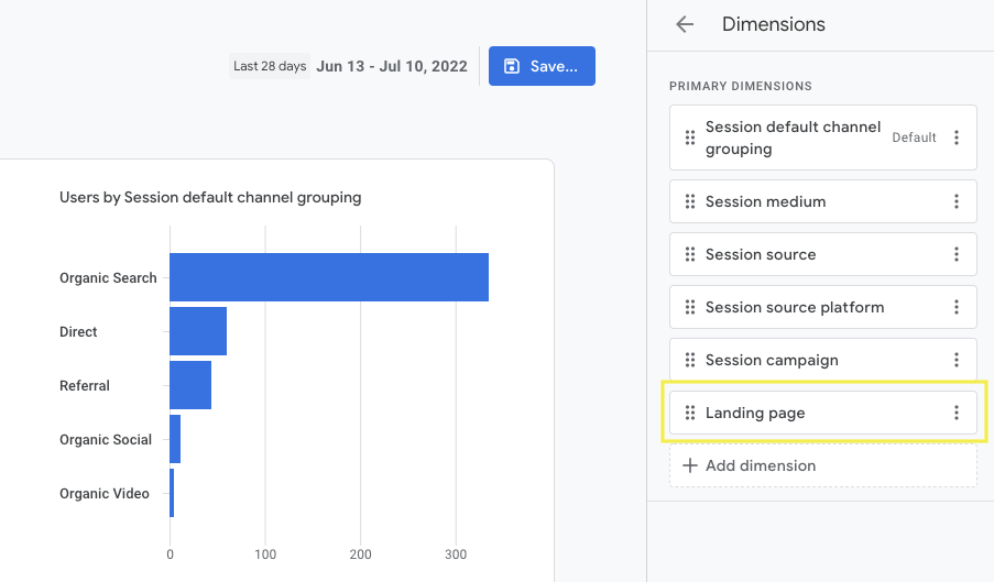 Adding landing page dimension to GA4 traffic acquisition report