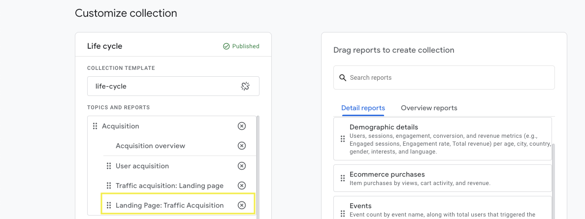 Drag and drop landing page report in GA4 library collection