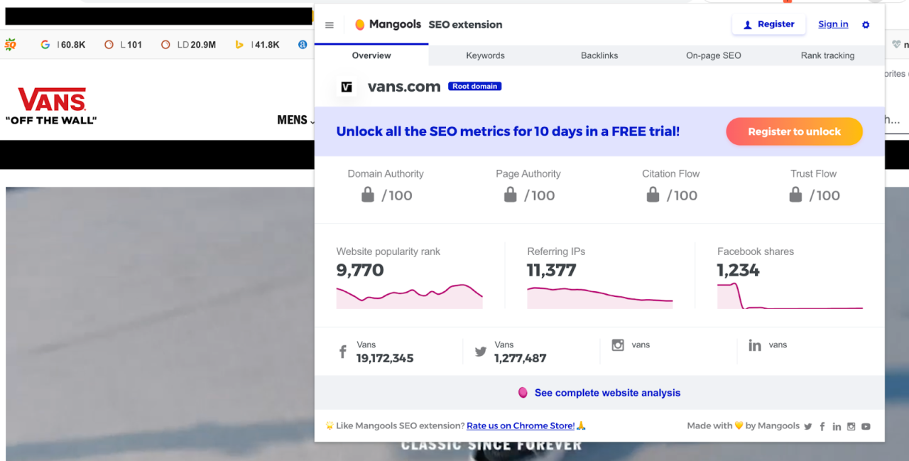 Vans 网站上的 Mangools Chrome 扩展数据