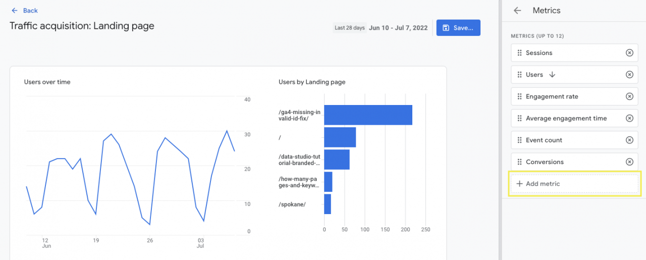 GA4 landing page report_add a metric