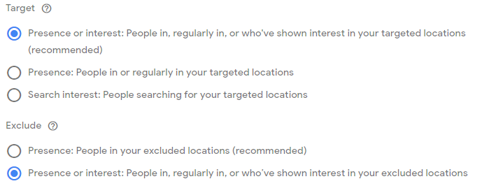 Google Ads different location setting options.