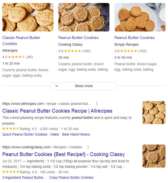 食谱的 Google 丰富搜索结果的屏幕截图