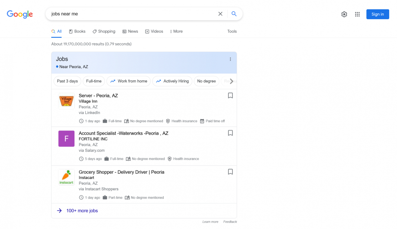 Example of Jobs SERP feature