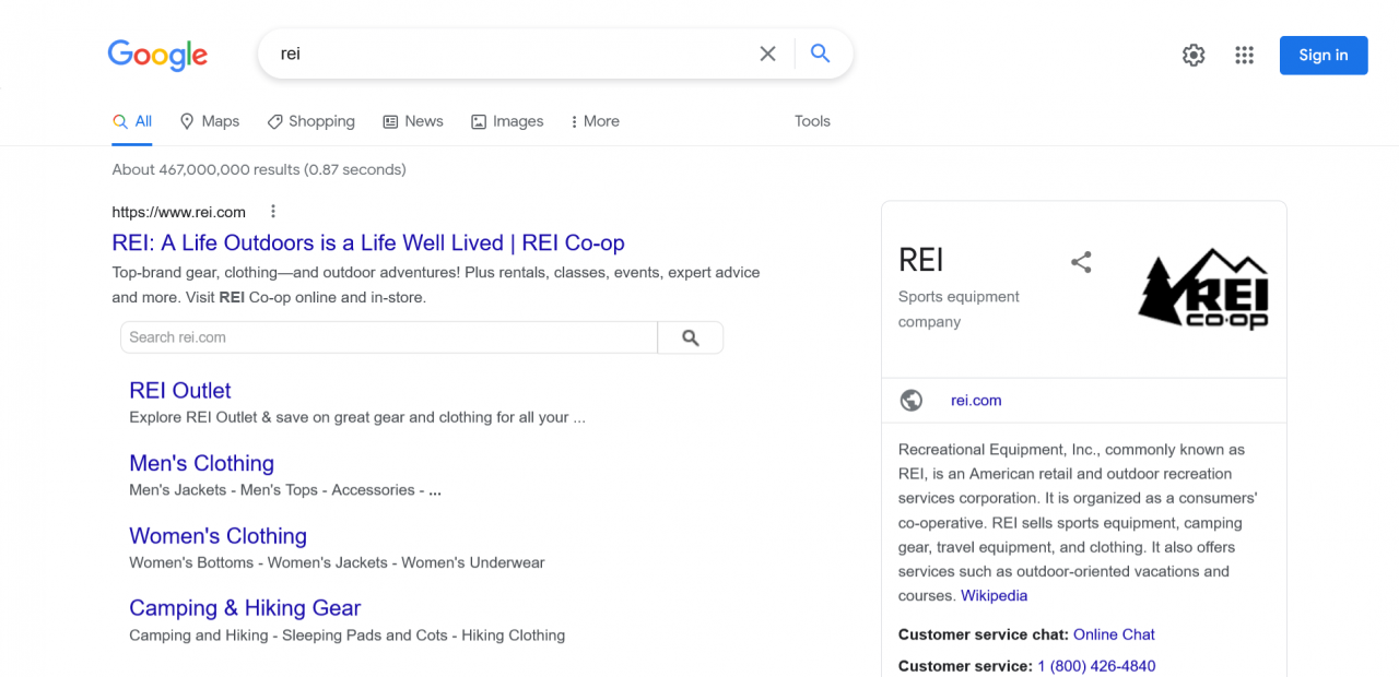 Example of sitelinks SERP feature