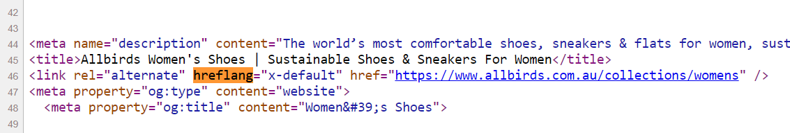 Allbirds - no cross-referencing of hreflang tags