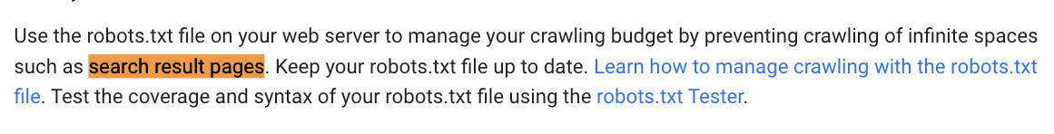 Robots.txt for search result pages_screenshot of Google webmaster guidelines