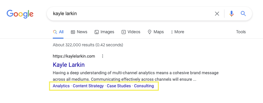 Google SERP 中的附加链接示例