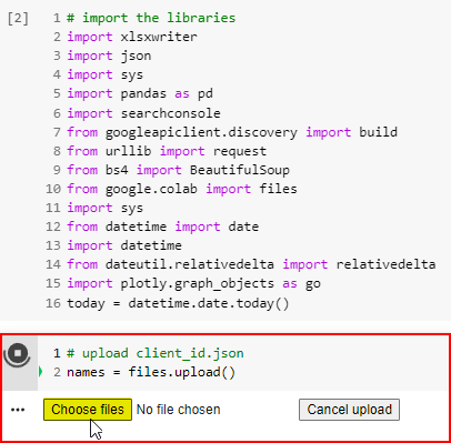 将 Search Console API 凭据上传到 Google Colaboratory