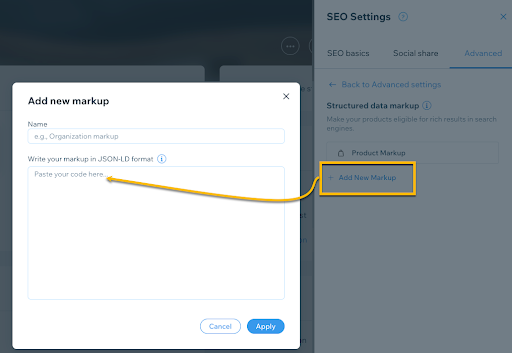 Adding new structured data markup in Wix dashboard