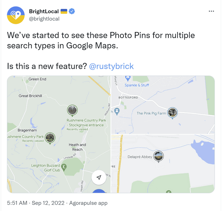来自 SaaS 提供商 Bright Local 的推文显示了对包含图像的圆形谷歌地图图钉的测试。
