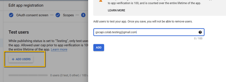 将您将用于 Search Console API 身份验证的电子邮件添加到测试用户中
