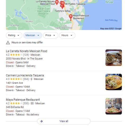 墨西哥餐馆的谷歌地图结果。