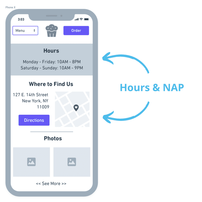 显示带有营业时间和 NAP 信息的位置页面的手机插图。