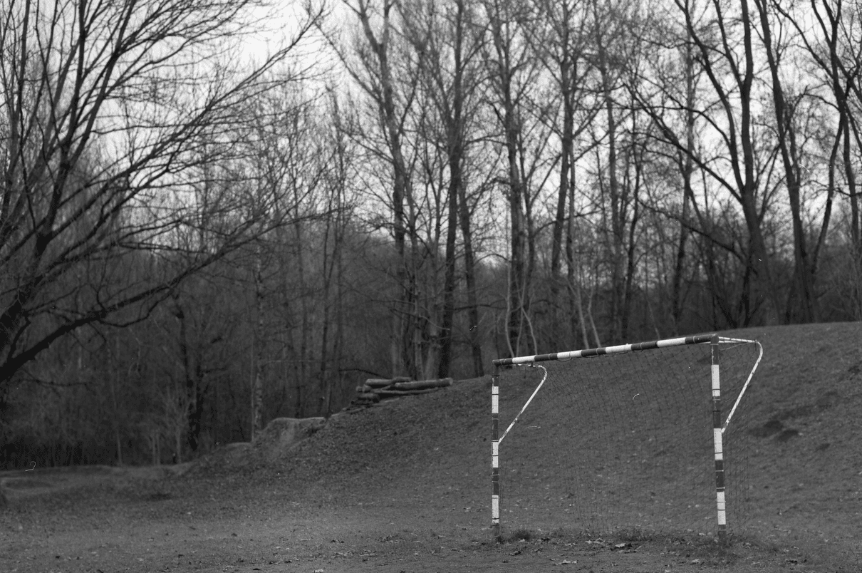 一个足球球门在冬天站在田野里，周围是光秃秃的树木。