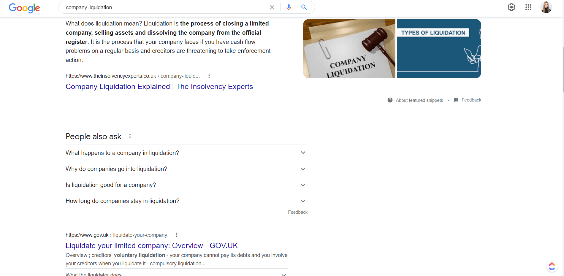 SERP 的屏幕截图显示 Insolvency Experts 的公司清算指南出现在英国政府官方建议之上。