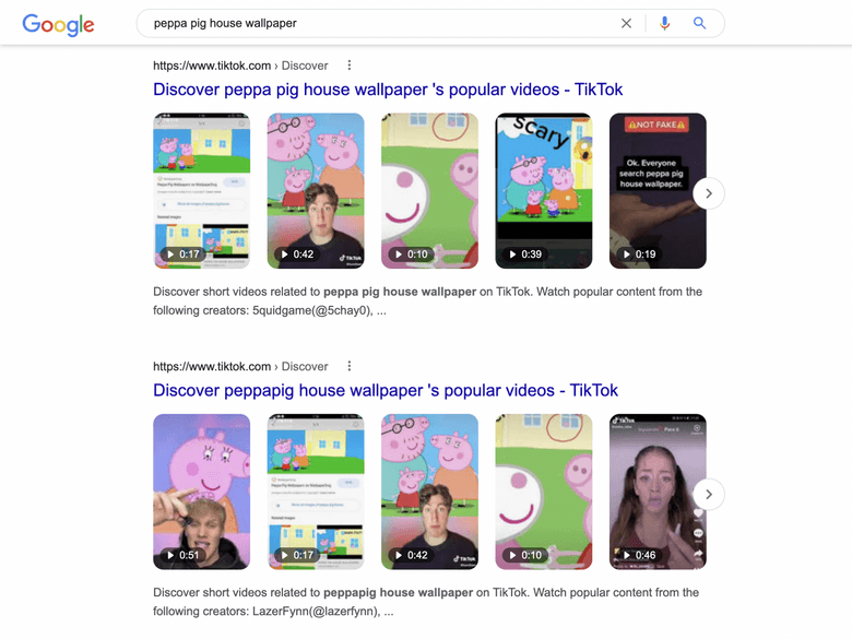 SERP 显示 TikTok 视频搜索结果