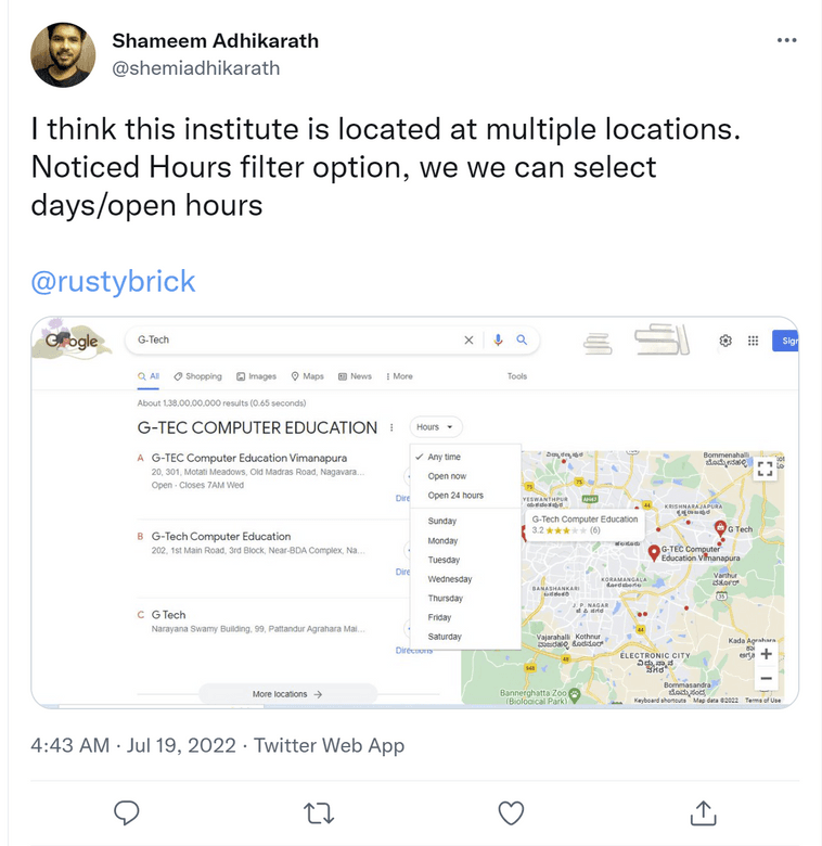 Shameem Adhikarath 的推文显示了按一周中特定日期的开放时间过滤 Google 本地包结果的新功能。