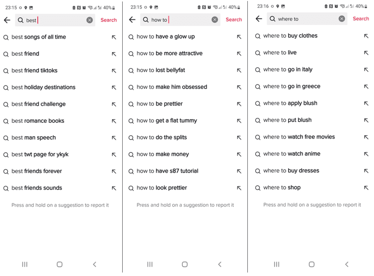 TikTok 搜索自动填充建议搜索的并排屏幕截图