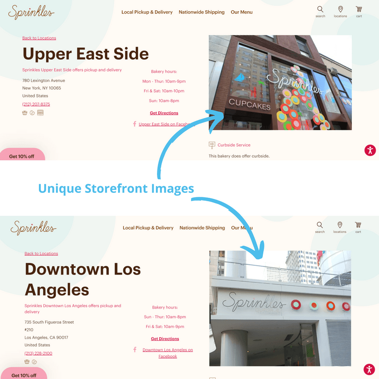 Sprinkles 商店位置页面示例的屏幕截图，显示了独特的店面图像。