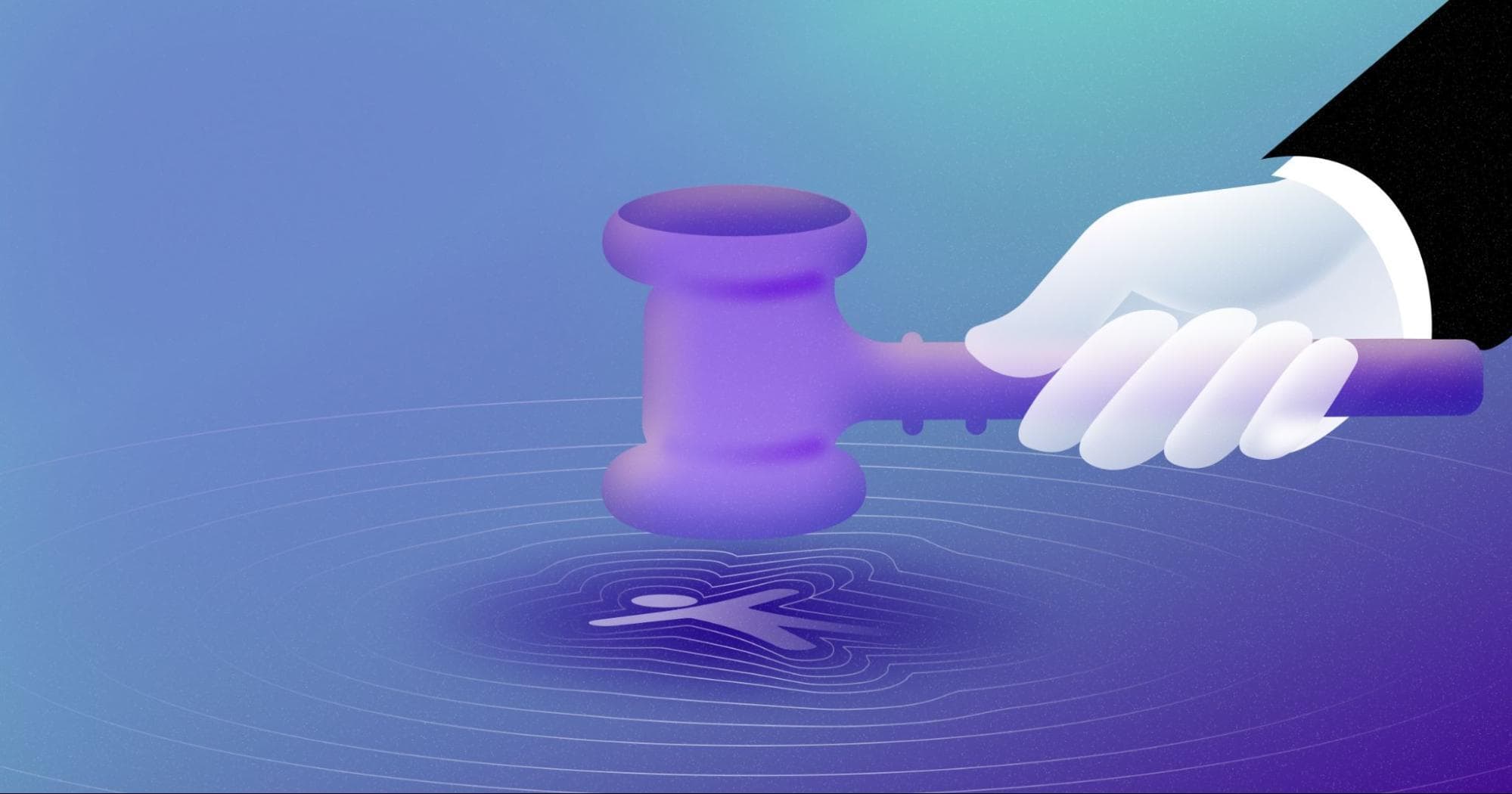 一只手将紫色木槌放在 Web 可访问性图标上的插图。