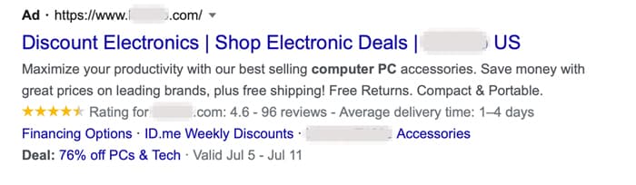 Google 搜索结果中的折扣电器广告。