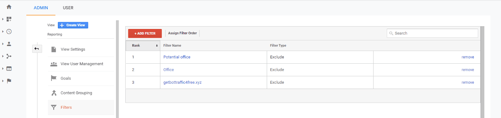 Google Analytics 过滤器示例的屏幕截图。