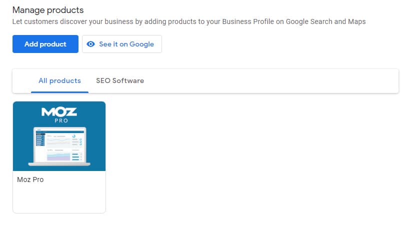 Google 我的商家信息中心上的产品。