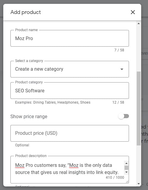 在 Google 商家资料中为产品添加产品说明。