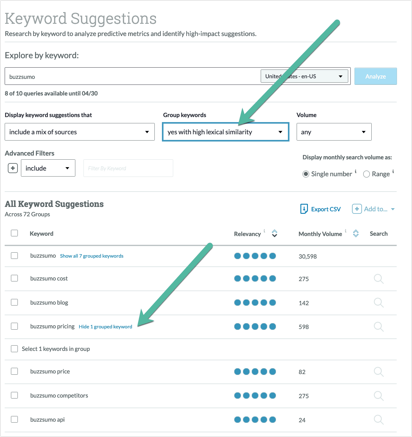 Buzzsumo 的 Moz Pro 关键字建议列表的屏幕截图。