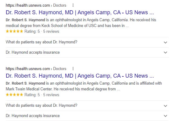 在 Google 中搜索名为 Robert S. Haymond 的眼科医生的结果。