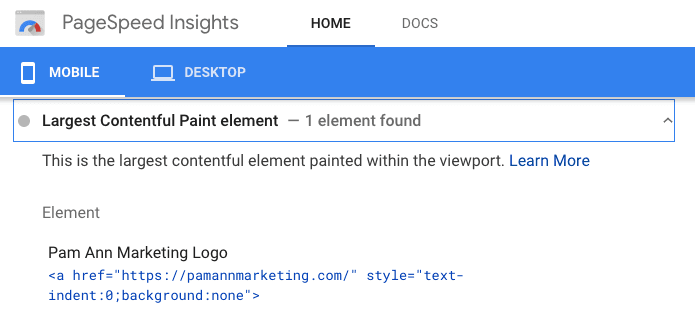 Google PageSpeed Insights 显示了最大的 Contentful Paint 元素。