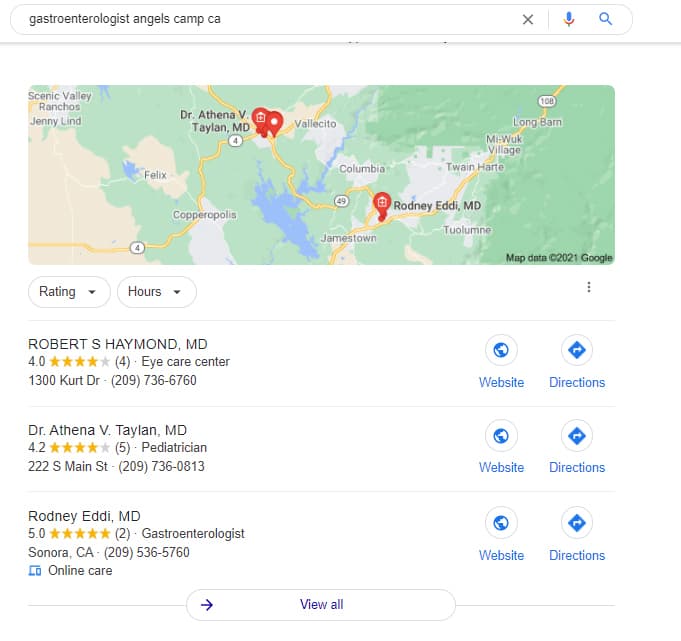 'gastroenterologist angels camp ca' 的谷歌地图结果。