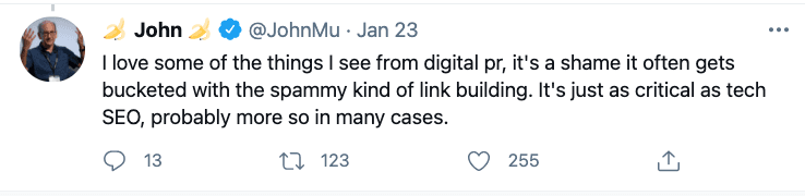 来自 Google 的 John Muller 的推文讨论数字公关。