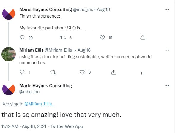 Marie Haynes 和 Miriam Ellis 在 Twitter 上就他们最喜欢的 google SEO 部分进行了对话。