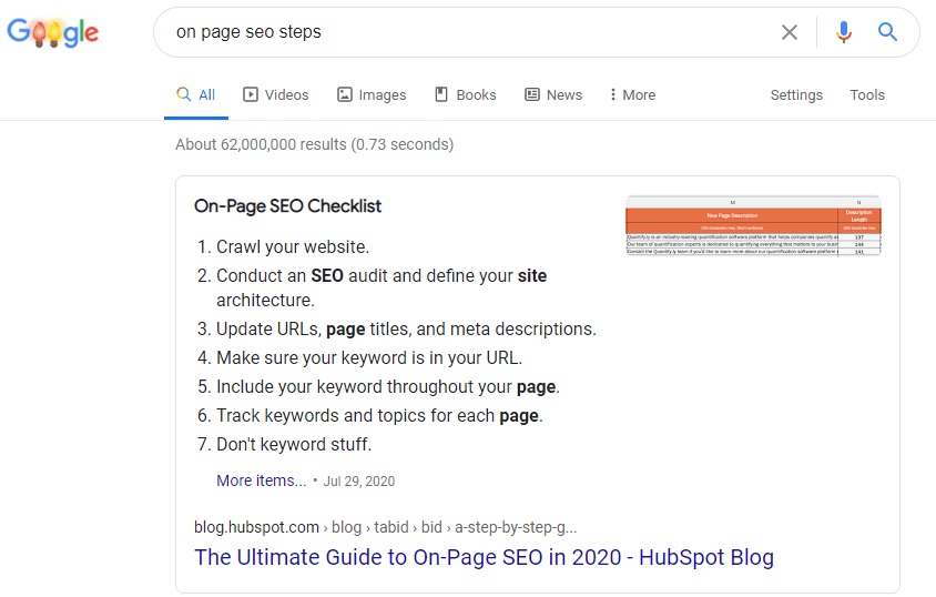 页面上的 google SEO 步骤列表精选片段。