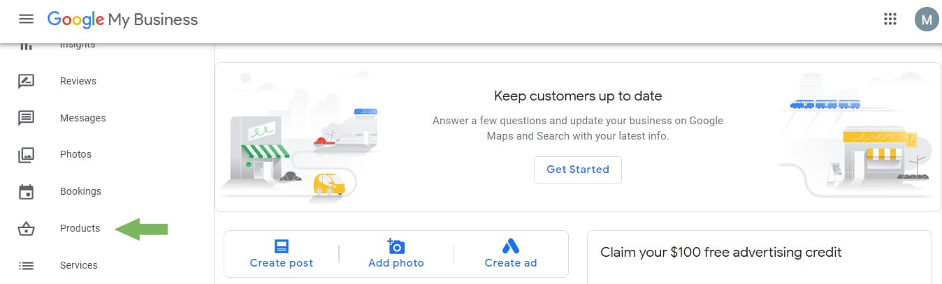 指向“Google 我的商家”产品部分的绿色箭头。