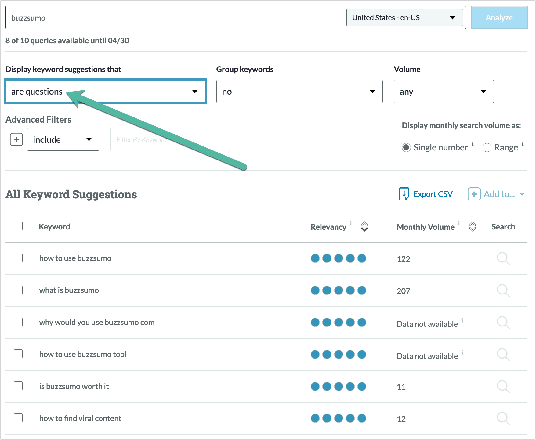Buzzsumo 的 Moz Pro 关键字浏览器列表的屏幕截图。