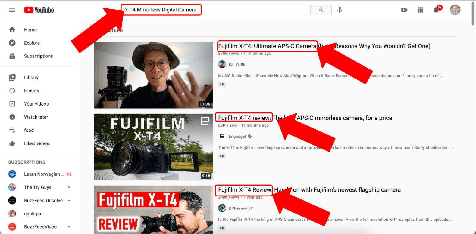 针对 X-T4 无反光镜数码相机搜索优化了 YouTube 视频标题。
